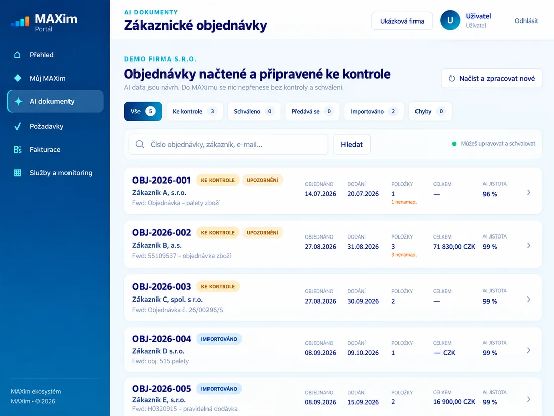 AI zpracování objednávek v systému MAXim