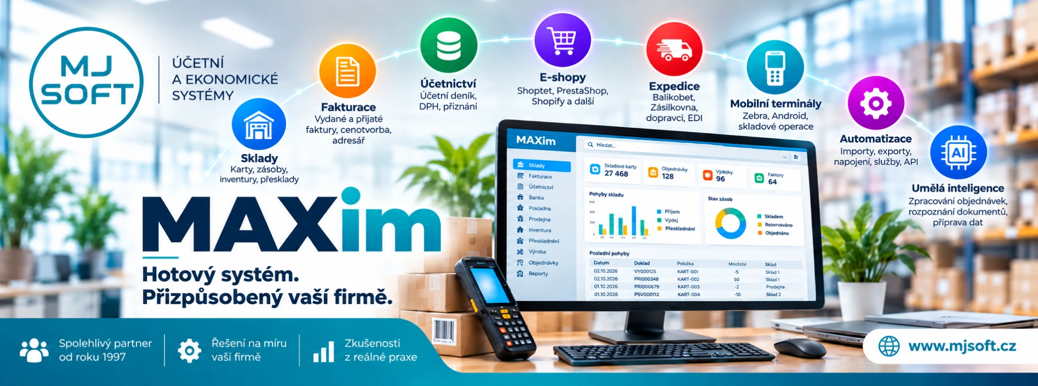 ERP systém MAXim – sklady, fakturace, účetnictví, e-shopy, expedice, mobilní terminály, automatizace a umělá inteligence